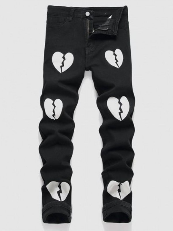 Broken Heart Pattern Zippered Jeans