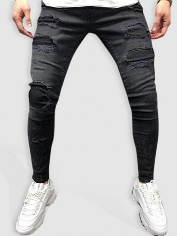 Solid Color Ripped Patch Casual Jeans