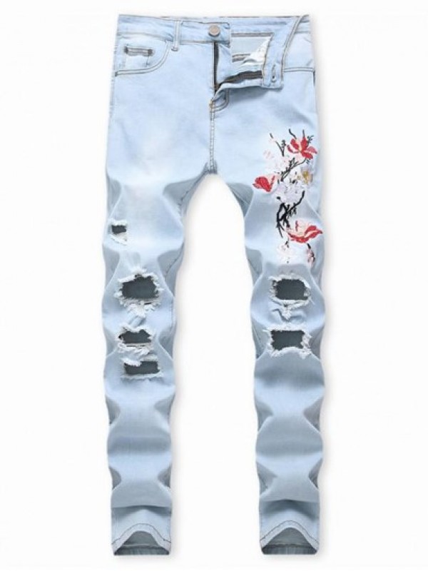 Distressed Long Floral Embroidery Ripped Jeans