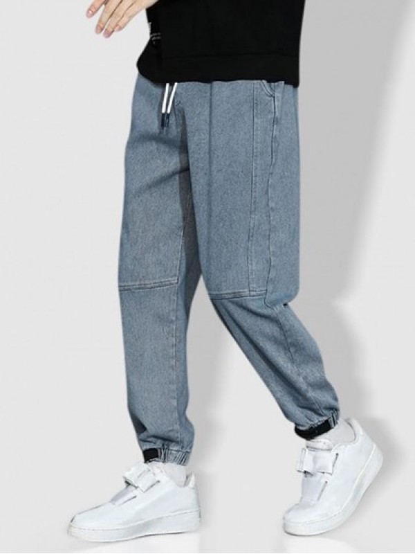 Letter Embroidered Pocket Baggy Jogger Jeans