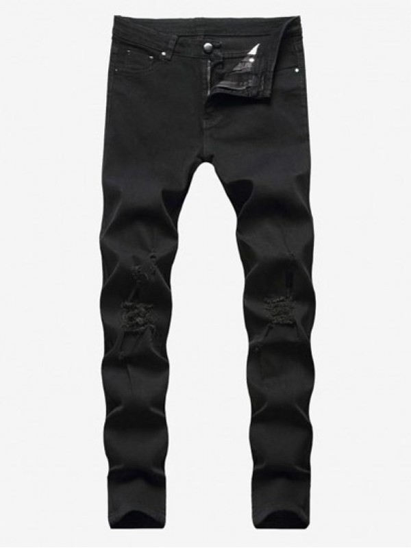 Solid Color Frayed Ripped Zipper Fly Jeans