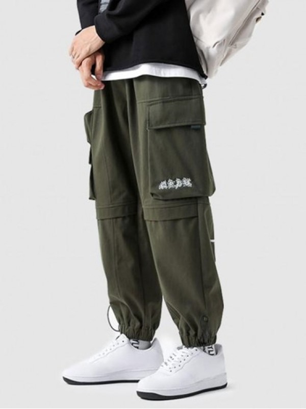 Casual Letter Print Pockets Elastic Waist Cargo Techwear Pants