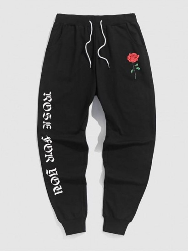 Letter And Rose Graphic Printed Drawstring Sweatpants