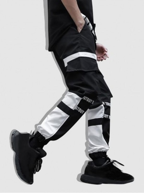 Letter Print Colorblock Drawstring Cargo Jogger Pants