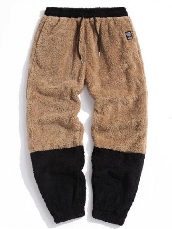 Letter Applique Contrast Faux Fur Fluffy Pants