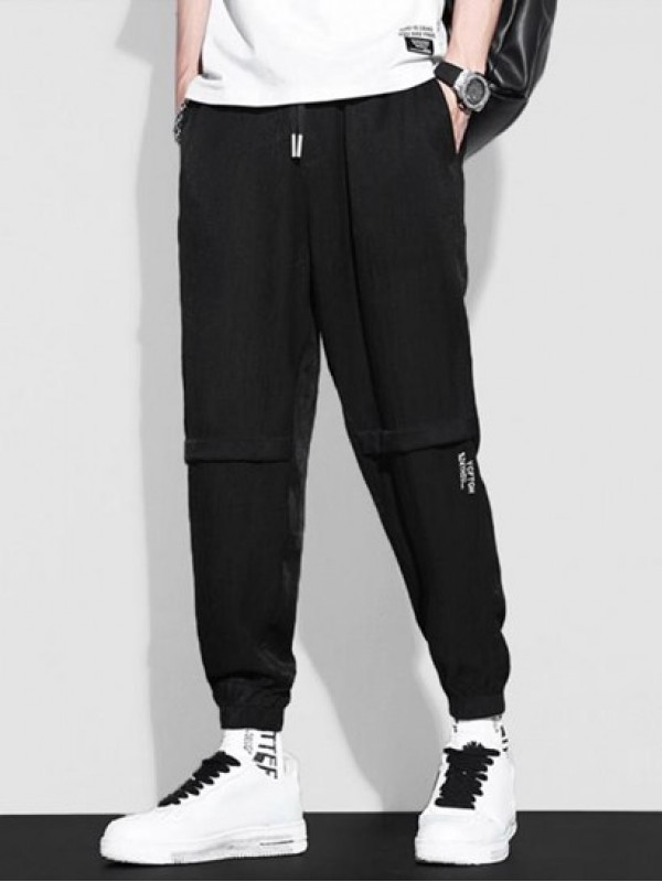 Wrinkled Letter Embroidery Drawstring Jogger Pants