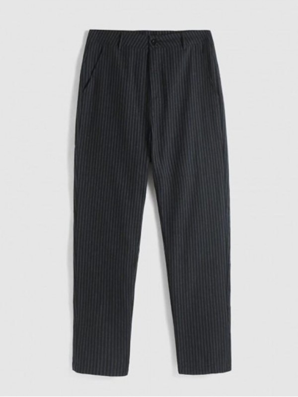 Vertical Striped Pockets Tapered Office Pants