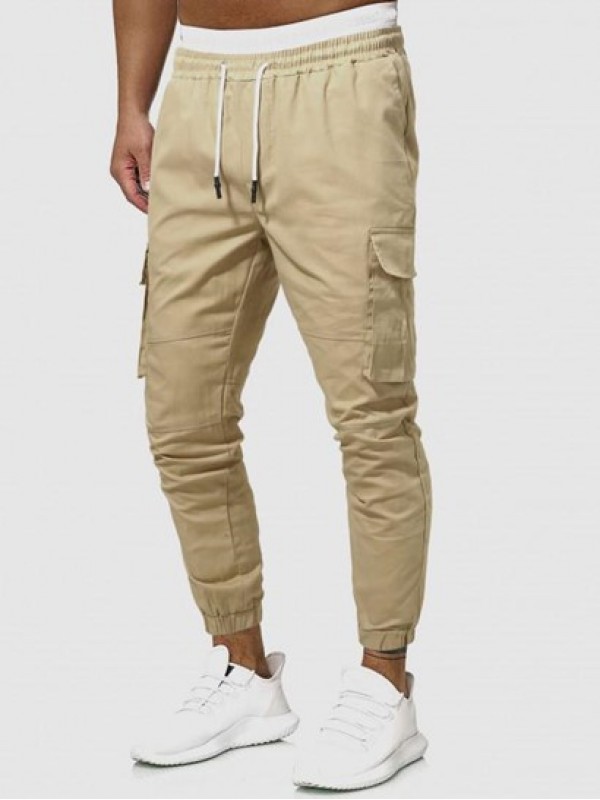 Solid Color Drawstring Pockets Cargo Pants