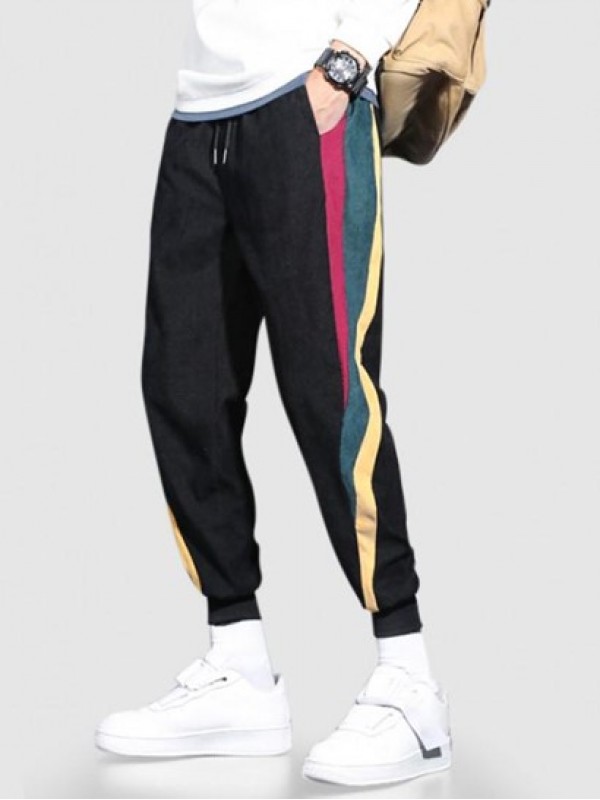 Color Spliced Corduroy Drawstring Jogger Pants