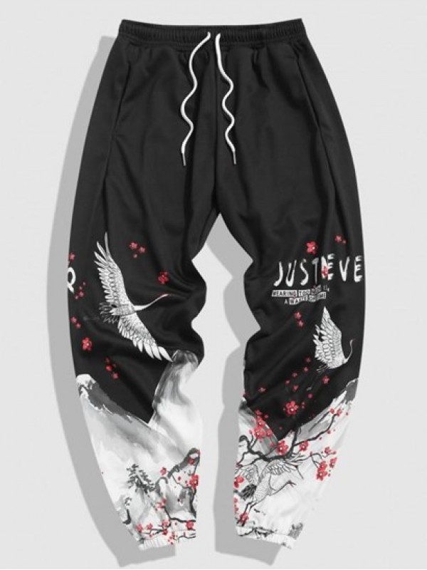 Flying Crane Floral Print Oriental Graphic Sweatpants