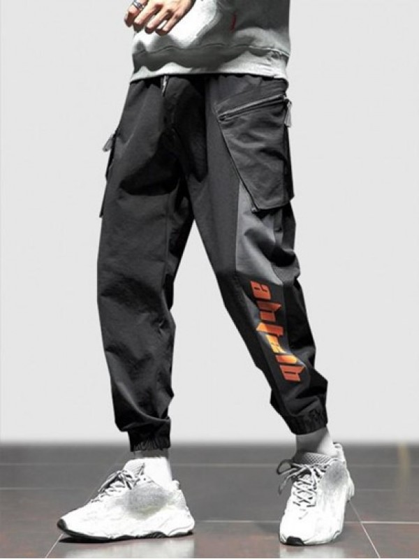 Colorblock Letter Print Cargo Techwear Pants