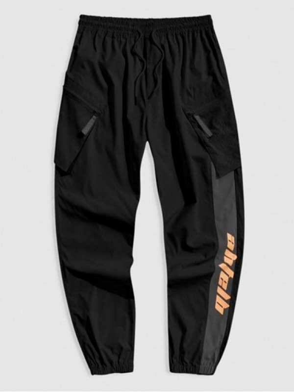 Zipper Pocket Design Letter Printed Cargo Jogger Pants