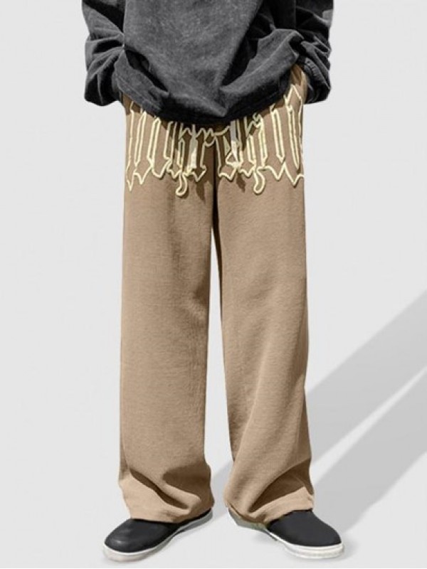 Textured Drawstring Letter Graphic Straight Pants