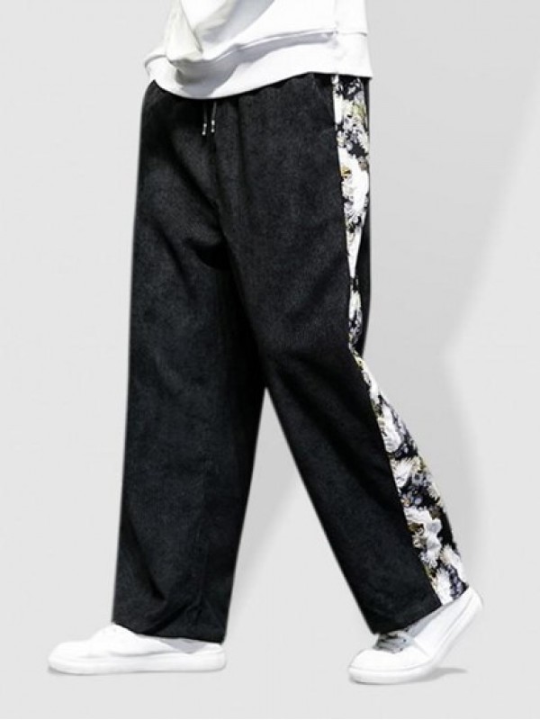 Chinese Style Crane Printed Drawstring Casual Pants