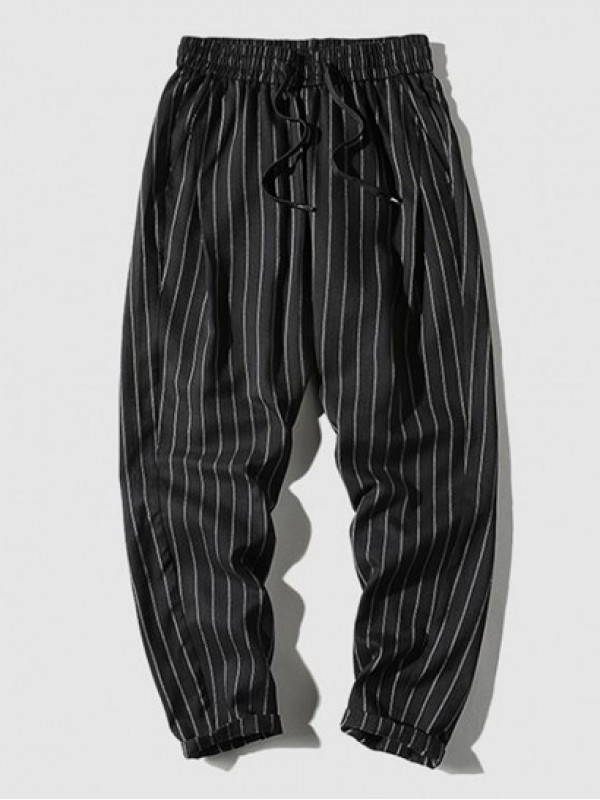 Pinstripe Pattern Drawstring Casual Pants