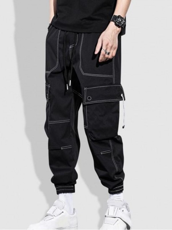 Multi-pocket Solid Color Topstitching Streetwear Cargo Pants