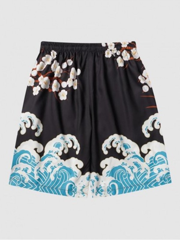 Sea Waves And Flower Print Casual Drawstring Shorts