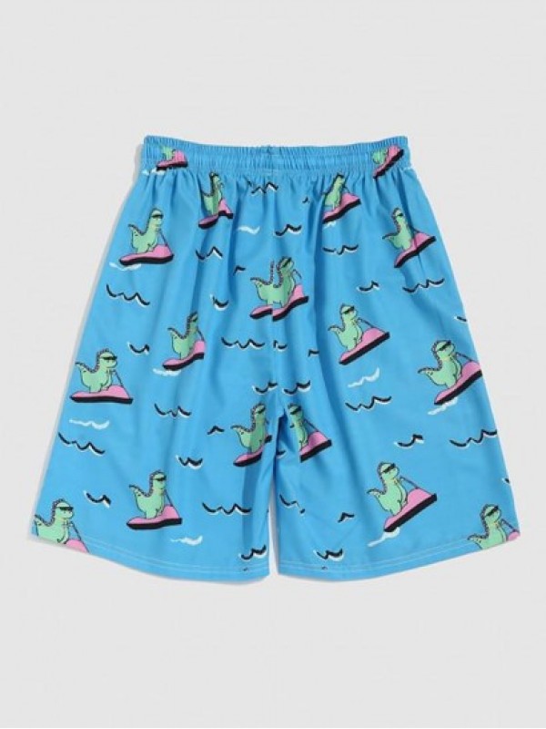 Cartoon Dinosaur Printed Drawstring Beach Shorts