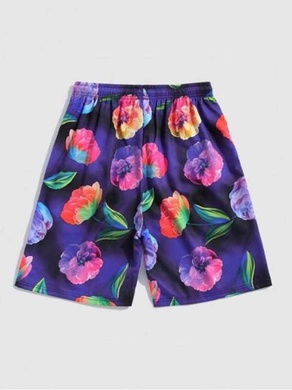 Floral Print Pocket Drawstring Beach Shorts