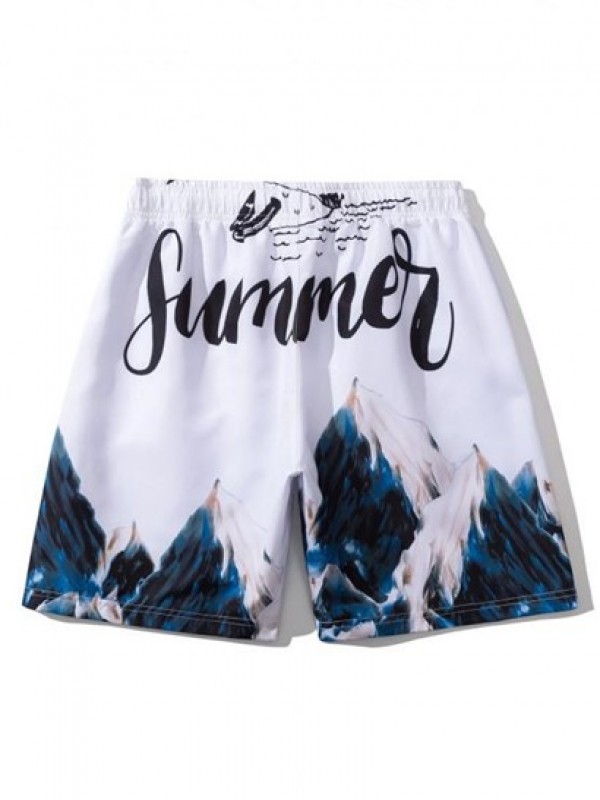 Mountain Painting Letter Print Drawstring Casual Shorts