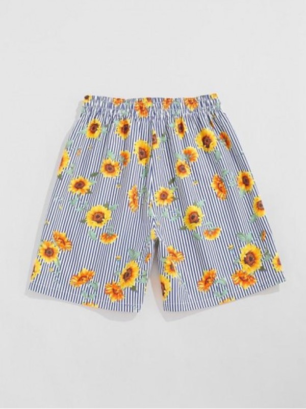 Vertical Striped Sunflower Print Board Shorts