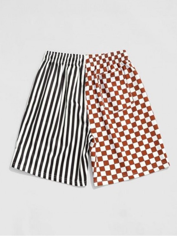 Drawstring Stripe Checkerboard Half Print Casual Shorts