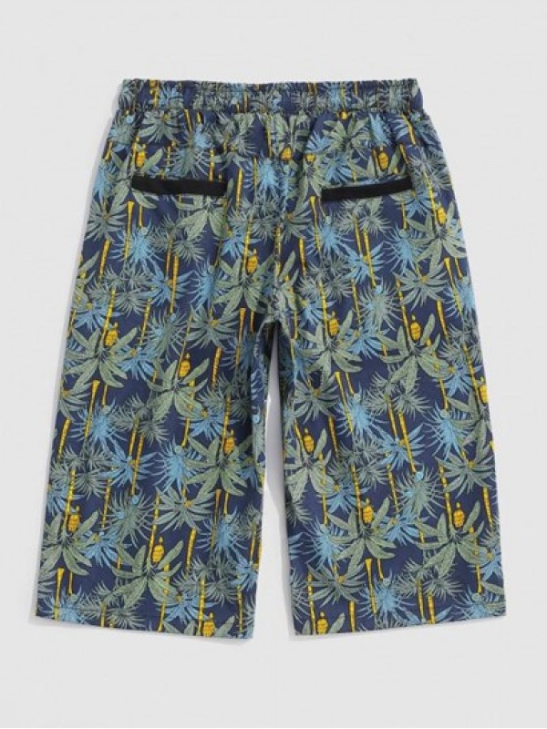 Drawstring Tropical Plant Print Beach Shorts