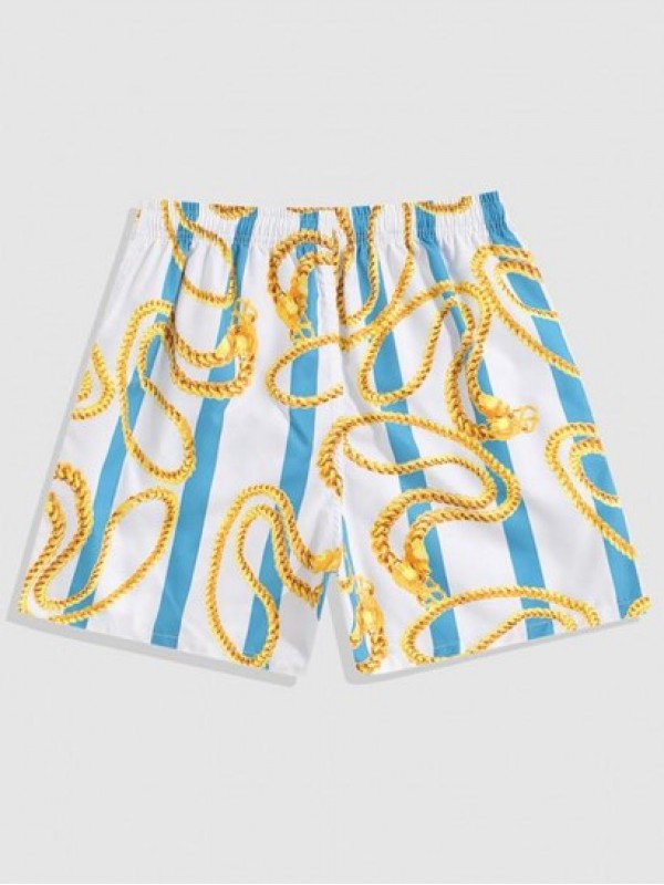 Contrasting Stripe Chain Print Vacation Shorts