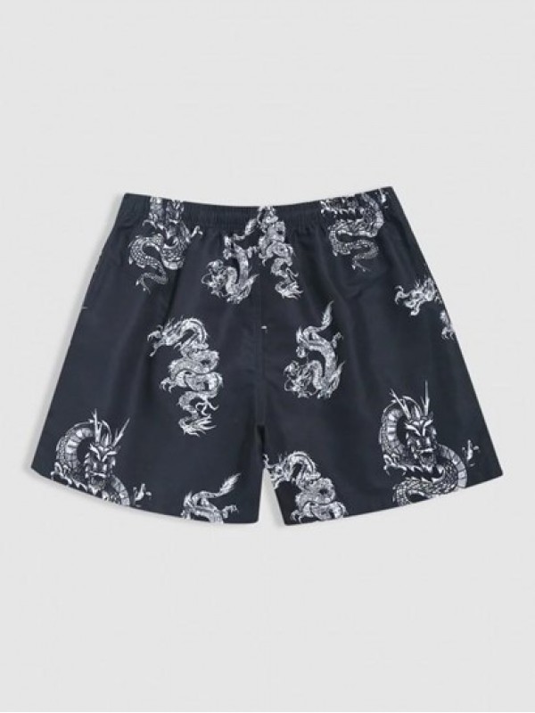 Chinese Style Dragon Print Vacation Beach Drawstring Shorts