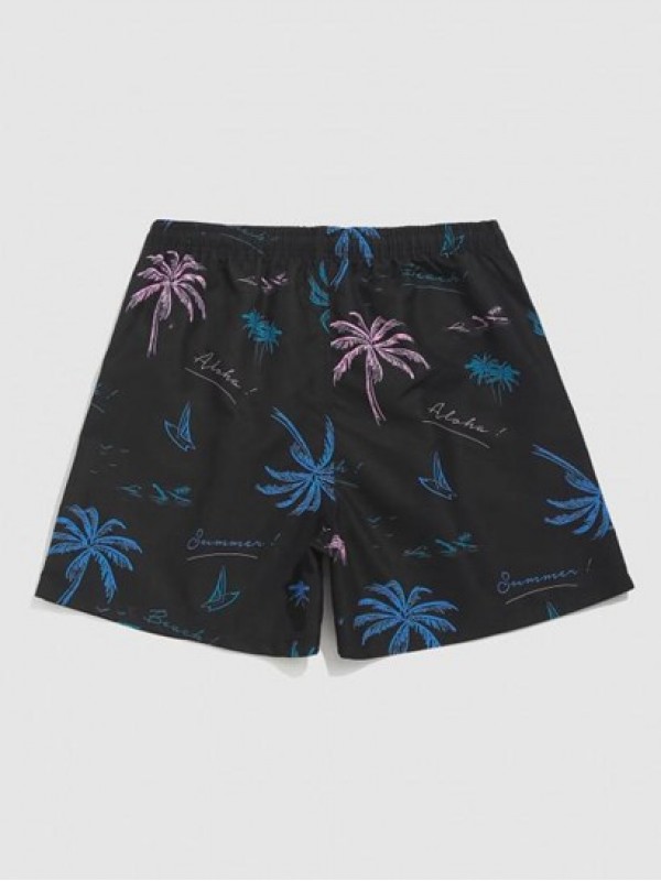 Hawaiian Letter Coconut Tree Graphic Print Drawstring Beach Shorts