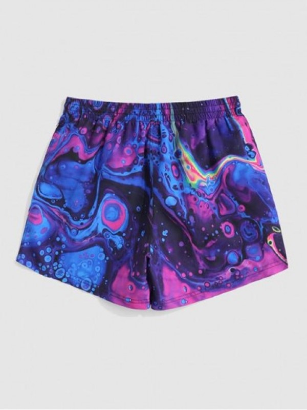 Drawstring Iridescence Print Vacation Shorts