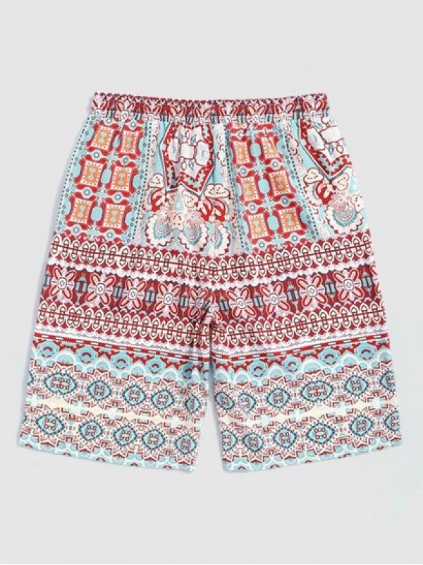 Ethnic Aztec Printed Pocket Drawstring Casual Beach Shorts