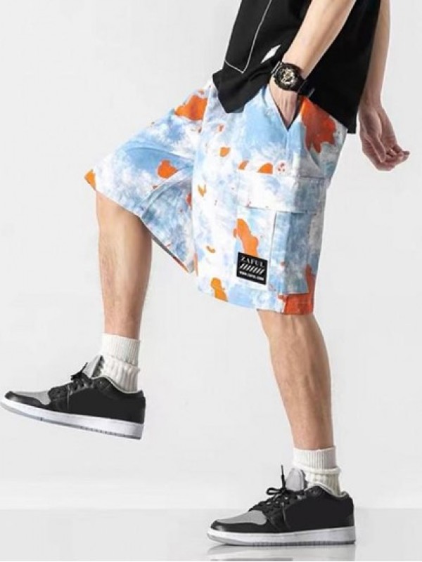 Tie Dye Print Applique Detail Streetwear Cargo Shorts