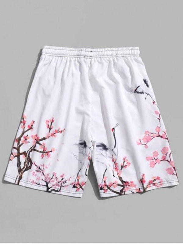 Flower Flying Crane Print Beach Shorts