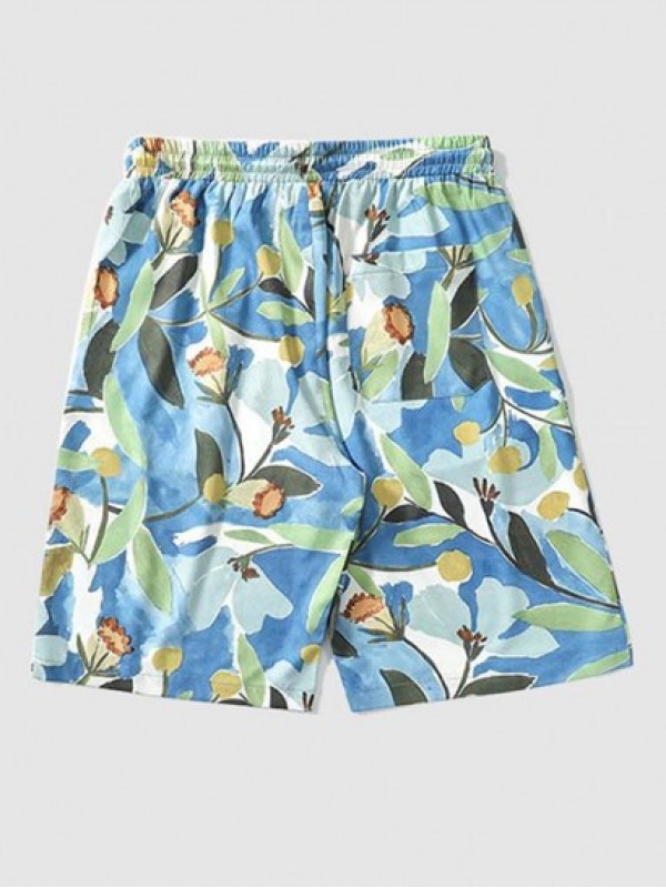 Retro Floral Printed Drawstring Casual Shorts