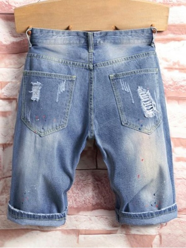 Splash Paint Pattern Destroyed Denim Shorts