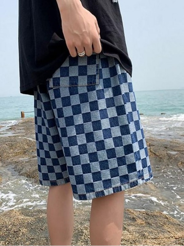 Checkerboard Pattern Drawstring Denim Shorts