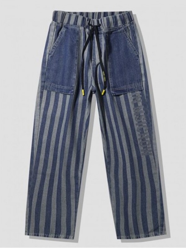 Striped Letters Print Straight Leg Jeans