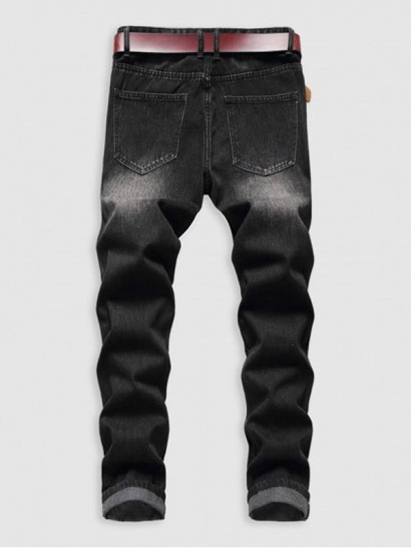 Black Ripped Zipper Fly Pockets Jeans