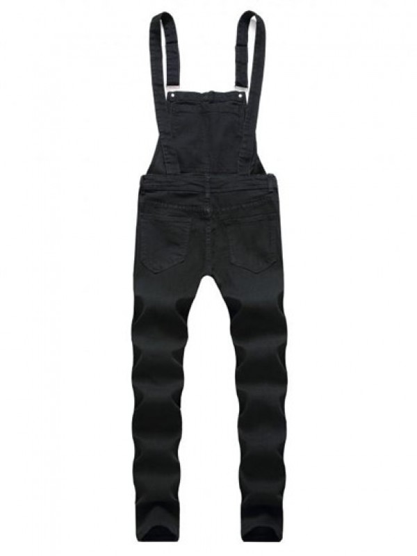 Solid Color Ripped Zipper Denim Overalls