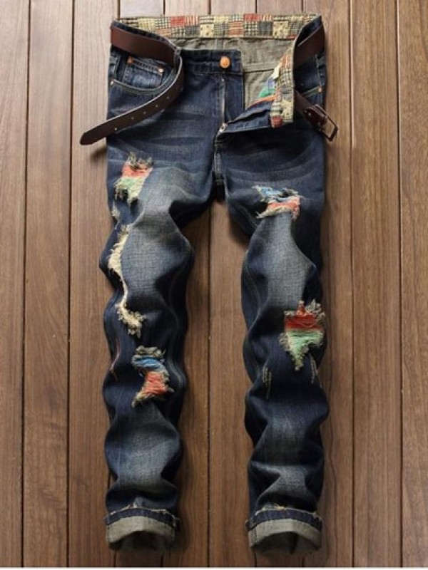 Colorful Destroy Wash Scratch Long Casual Ripped Jeans