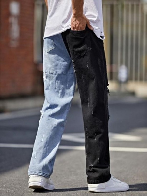 Ripped Straight Leg Two Tone Jeans