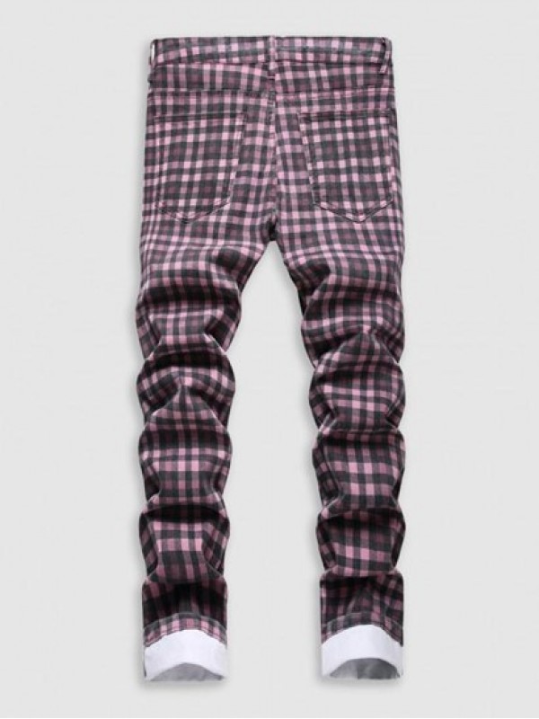 Plaid Print Pockets Zipper Retro Jeans