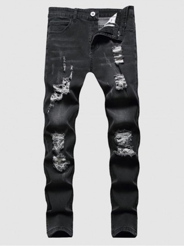 Destroyed Straight Leg Zipper Fly Jeans