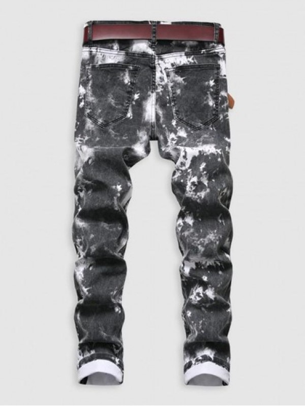 Tie-dye Pattern Cuffed Stretch Jeans