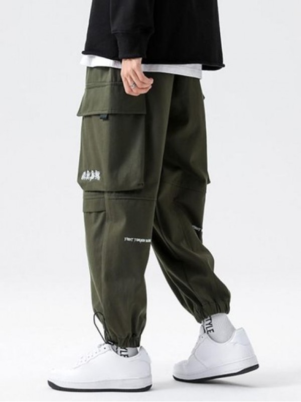 Casual Letter Print Pockets Elastic Waist Cargo Techwear Pants