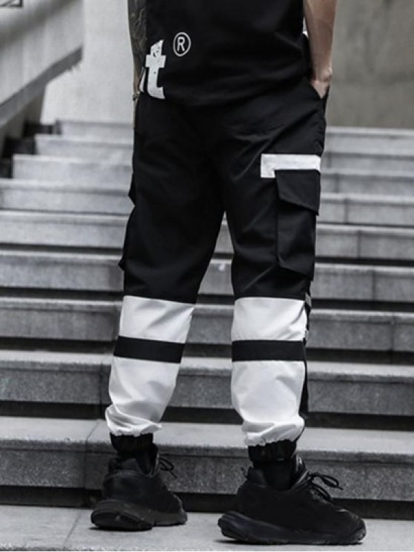 Letter Print Colorblock Drawstring Cargo Jogger Pants