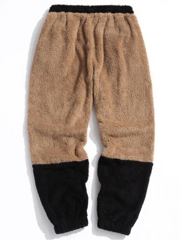 Letter Applique Contrast Faux Fur Fluffy Pants