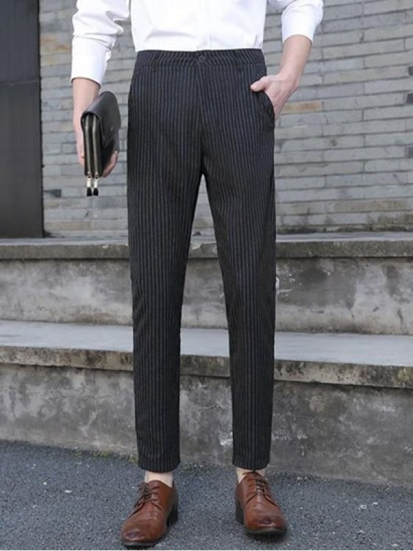 Vertical Striped Pockets Tapered Office Pants