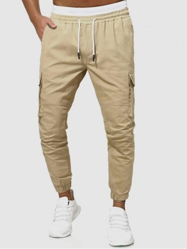 Solid Color Drawstring Pockets Cargo Pants